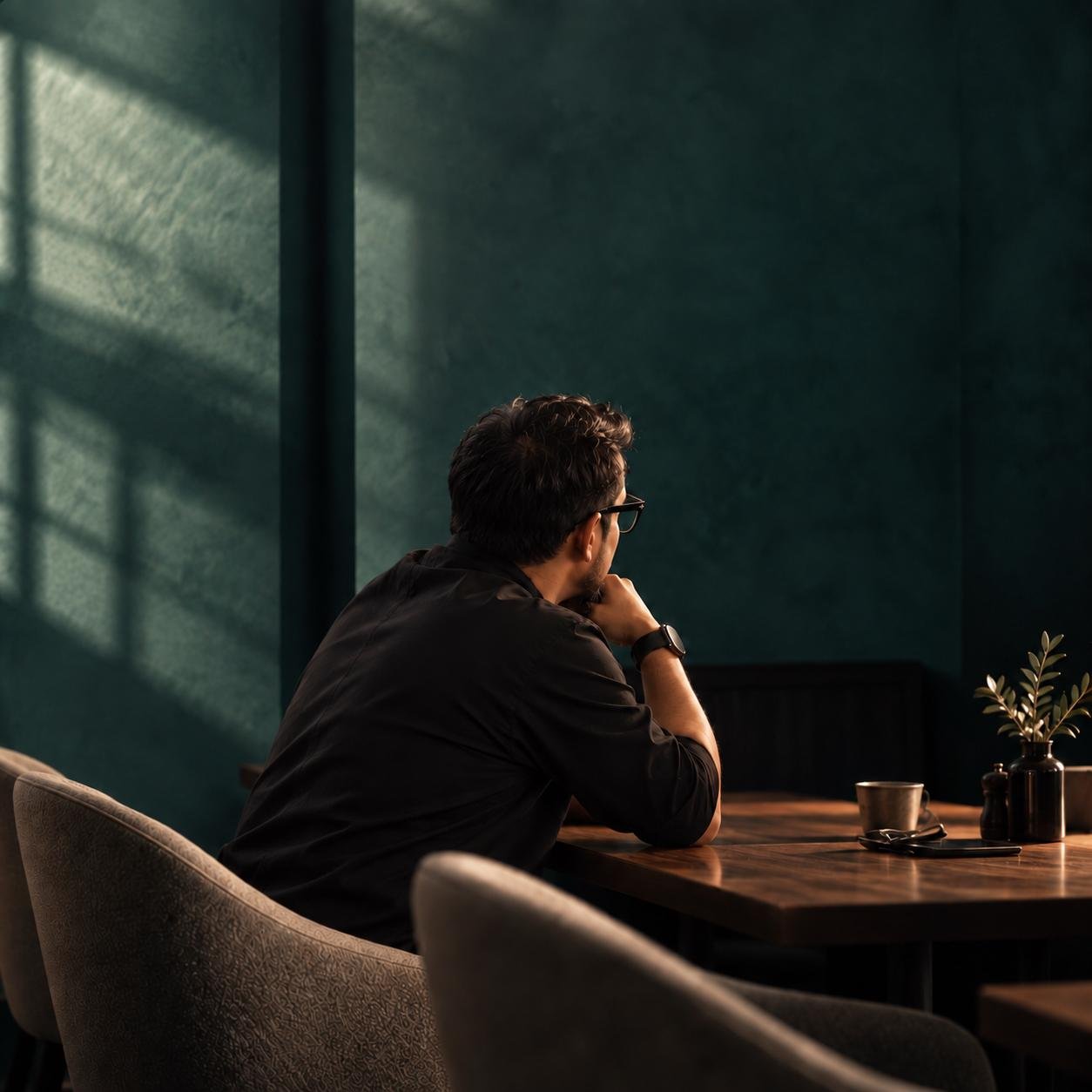 A man sitting at a table by the window