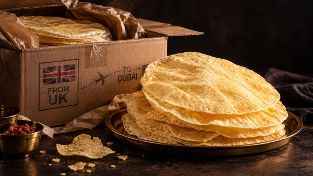 A stack of pappadams beside a box shipped from the UK to Dubai